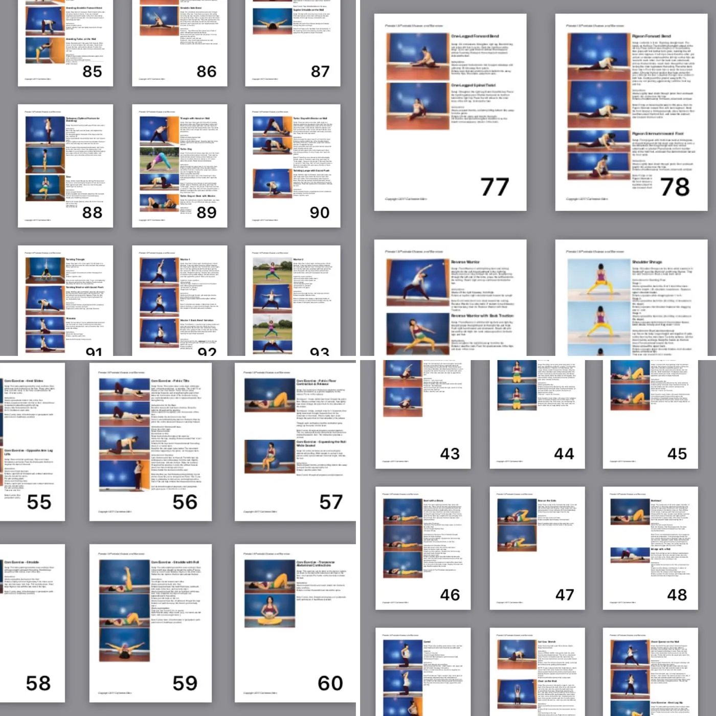 A spread of pages from the Poppy Perinatal Yoga manual — full-color asana photos with detailed instructions